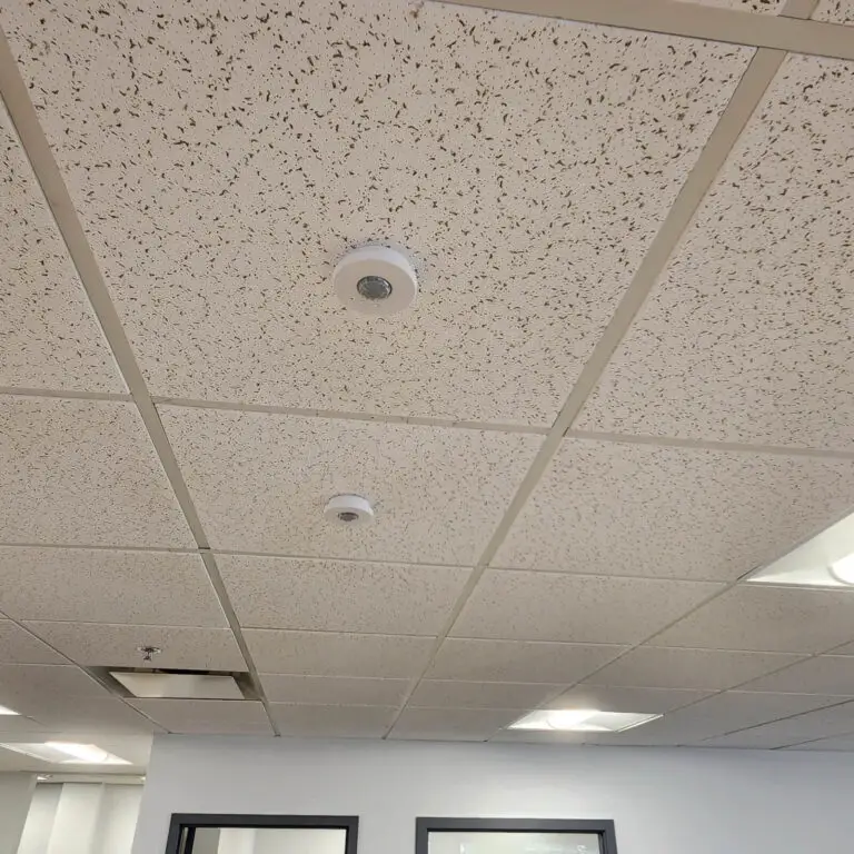 A white drop ceiling with speckled tiles, featuring a smoke detector and a small round sensor, likely installed or maintained by an electrician. Fluorescent lights and parts of office door frames are also visible.