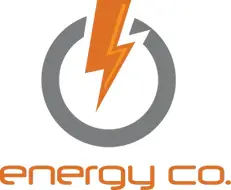 A gray circular power icon with an orange lightning bolt through it, above the words energy co. written in lowercase orange letters.