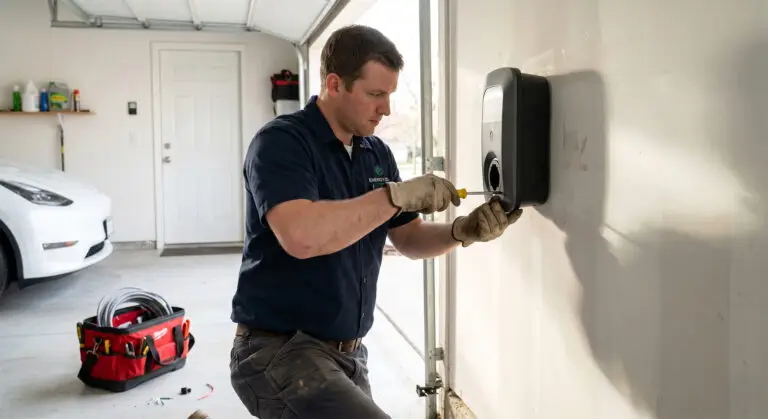 A man kneels in a garage, installing or repairing a wall-mounted device with a screwdriver. A white car and a red tool bag are visible in the background. The garage door is open, letting in natural light.