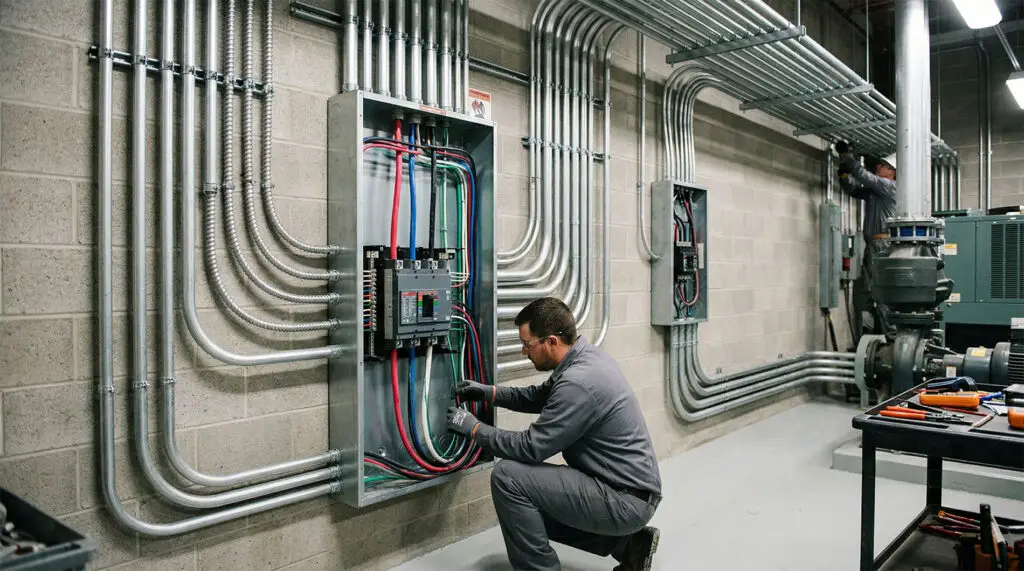 Commercial electrical panel maintenance by a technician in coveralls