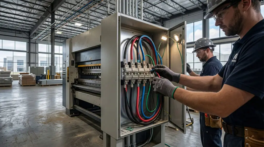 Two workers wearing hard hats and gloves inspect and adjust wiring and electrical wires in an open control panel inside a large industrial facility with high ceilings and natural light.