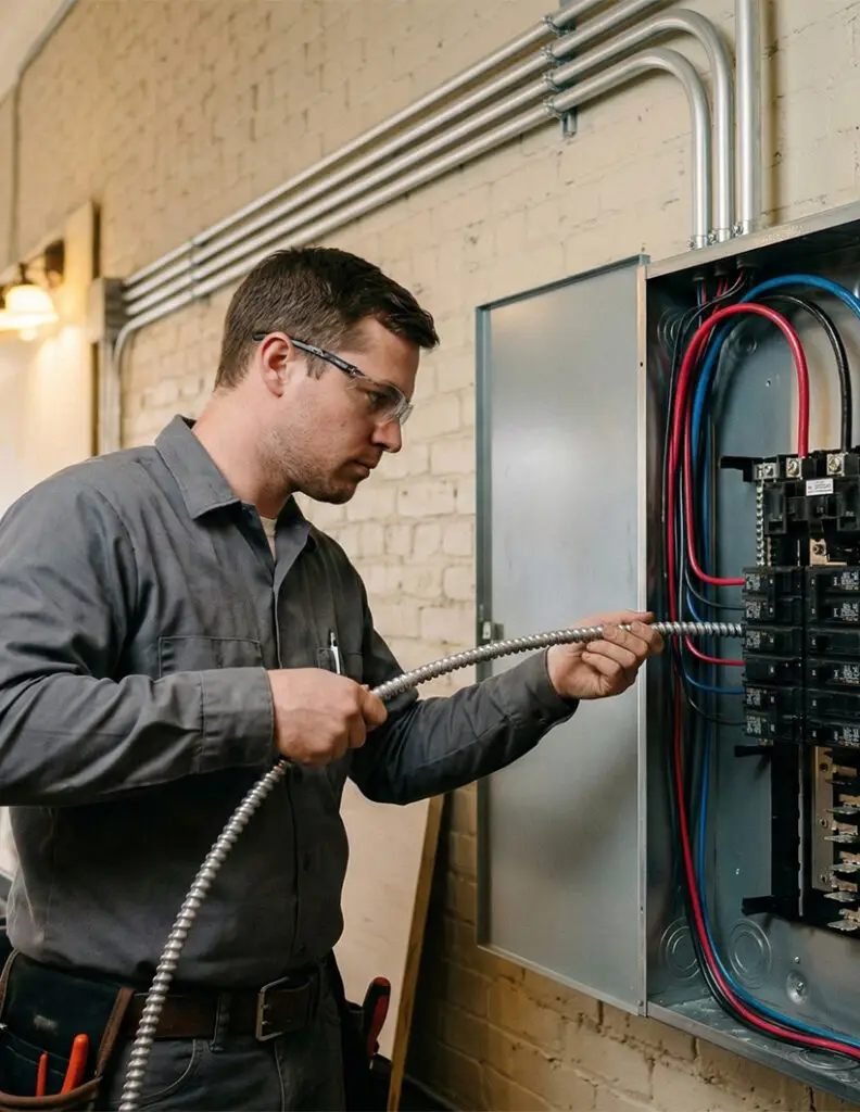 An electrician wearing safety glasses works on wiring inside an open electrical panel mounted on a brick wall, carefully handling a flexible metal conduit as he manages the complex wiring connections.