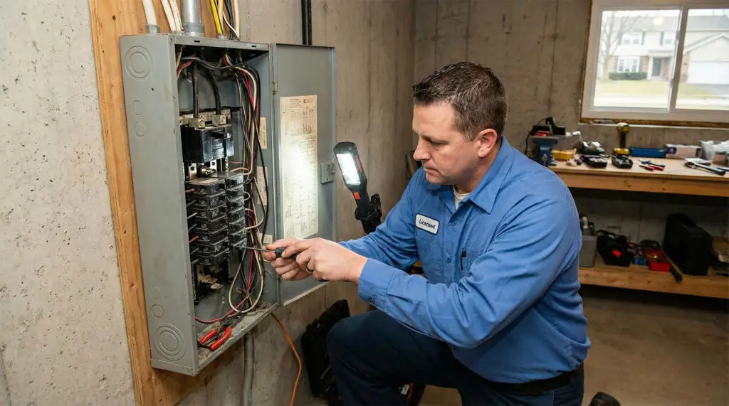 An electrician in a blue shirt kneels and works on an open electrical panel in a basement, using a screwdriver to perform a panel upgrade. Tools and a workbench are visible in the background.