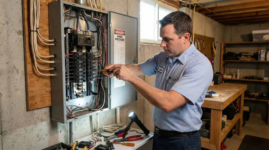 An electrician in a blue shirt uses a screwdriver to work on a circuit breaker panel in a basement workshop, likely performing a panel upgrade. Tools and a flashlight are on the table nearby.