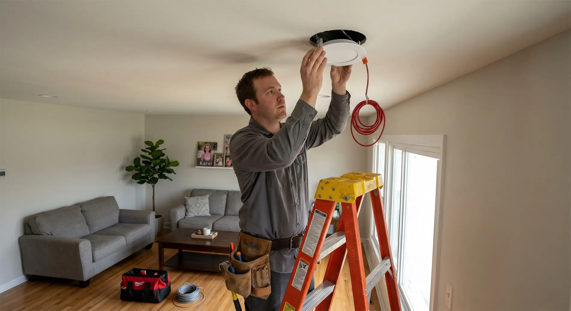 A man stands on a ladder installing a ceiling light fixture in a living room. He holds the fixture and a red wire, with tools in his belt and a toolbox on the floor nearby.