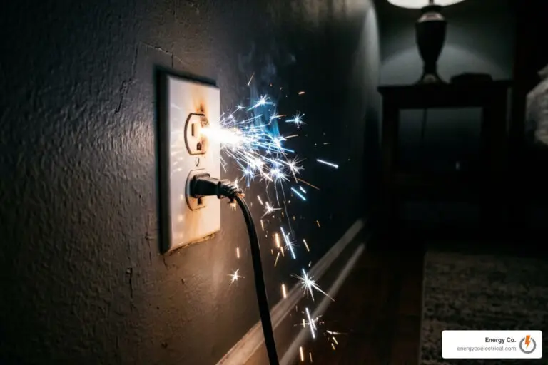 A power outlet with a spark shooting out around a plugged-in cord, indicating a possible electrical hazard, in a dimly lit room with a lamp and nightstand in the background—reminding you that searching for an electrician near me emergency service is essential in situations like this.
