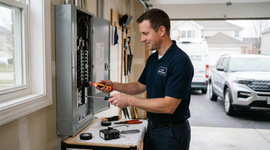 Spring electrical maintenance: electrician inspecting a breaker panel