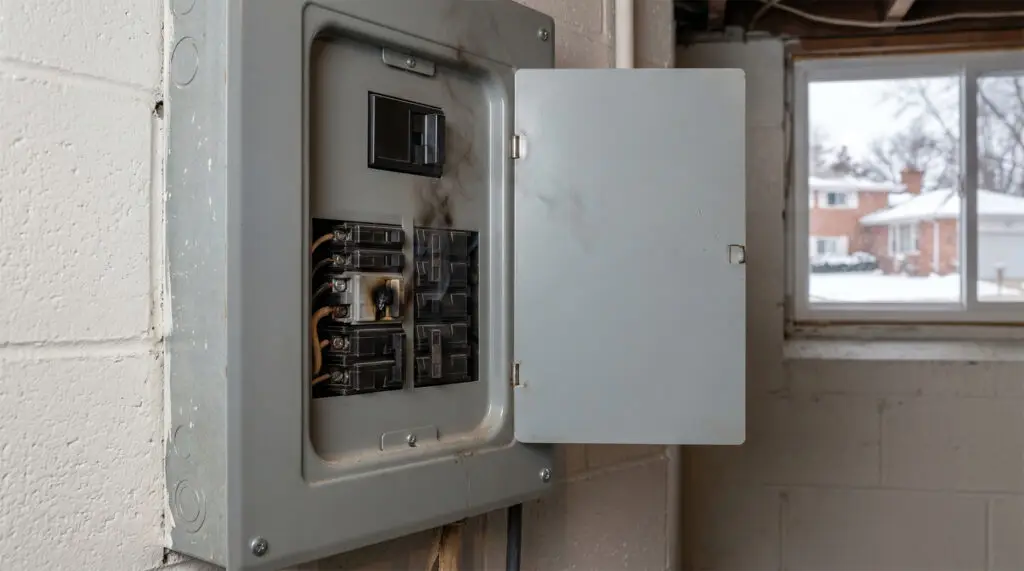 An electrical panel with scorch marks and visible smoke damage on the cover and surrounding area, including a circuit breaker, located in a basement with a window showing houses and snow outside.