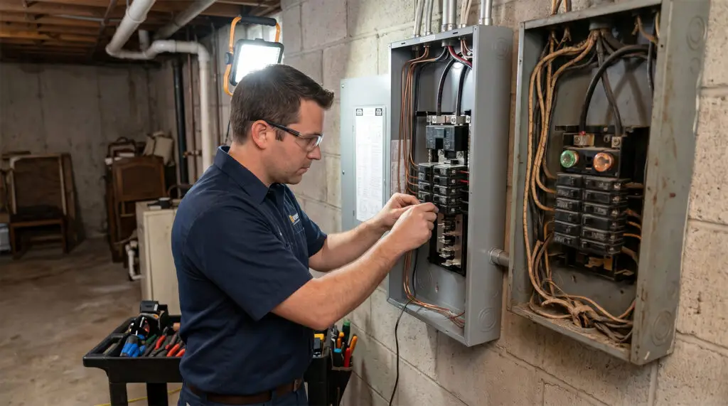 An electrician wearing glasses and a blue shirt works on a circuit breaker panel in a basement, surrounded by tools and exposed wiring, carefully inspecting the circuit breaker connections to ensure safety and reliability.