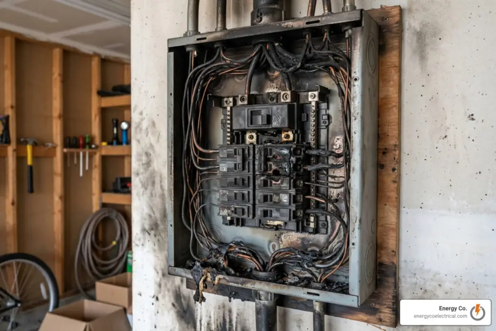charred electrical panel showing fire damage - 24-hour emergency electrician near me