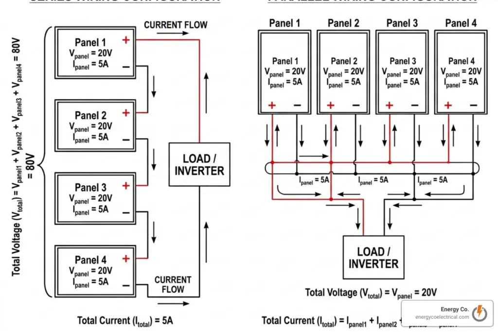 Diagram showing series wiring vs parallel wiring for solar panels - Solar panel wiring Chicago
