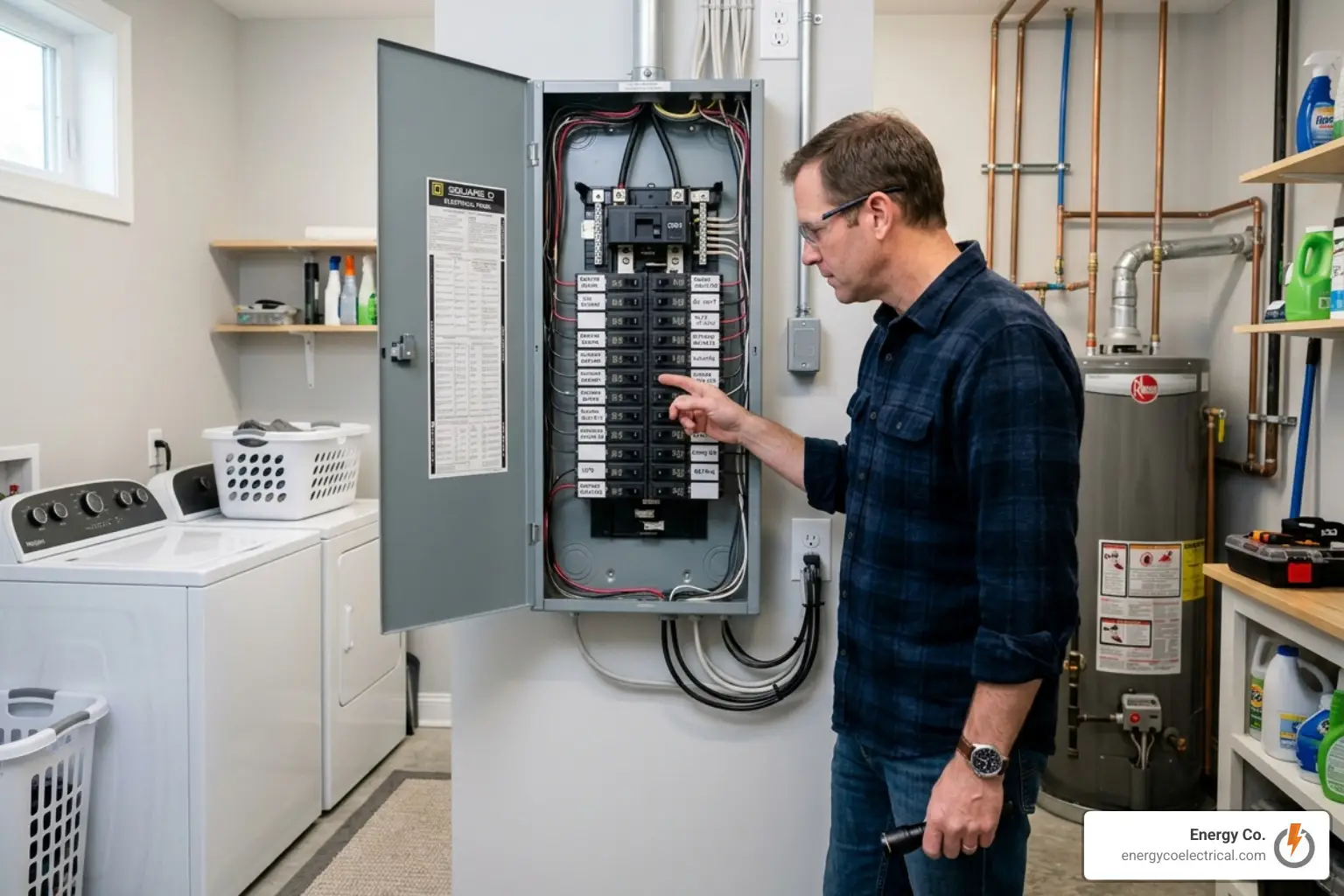 A man stands in a laundry room, pointing at circuit breakers inside an open electrical panel mounted on the wall next to a washer, dryer, and water heater, seemingly in the midst of electrical repairs.