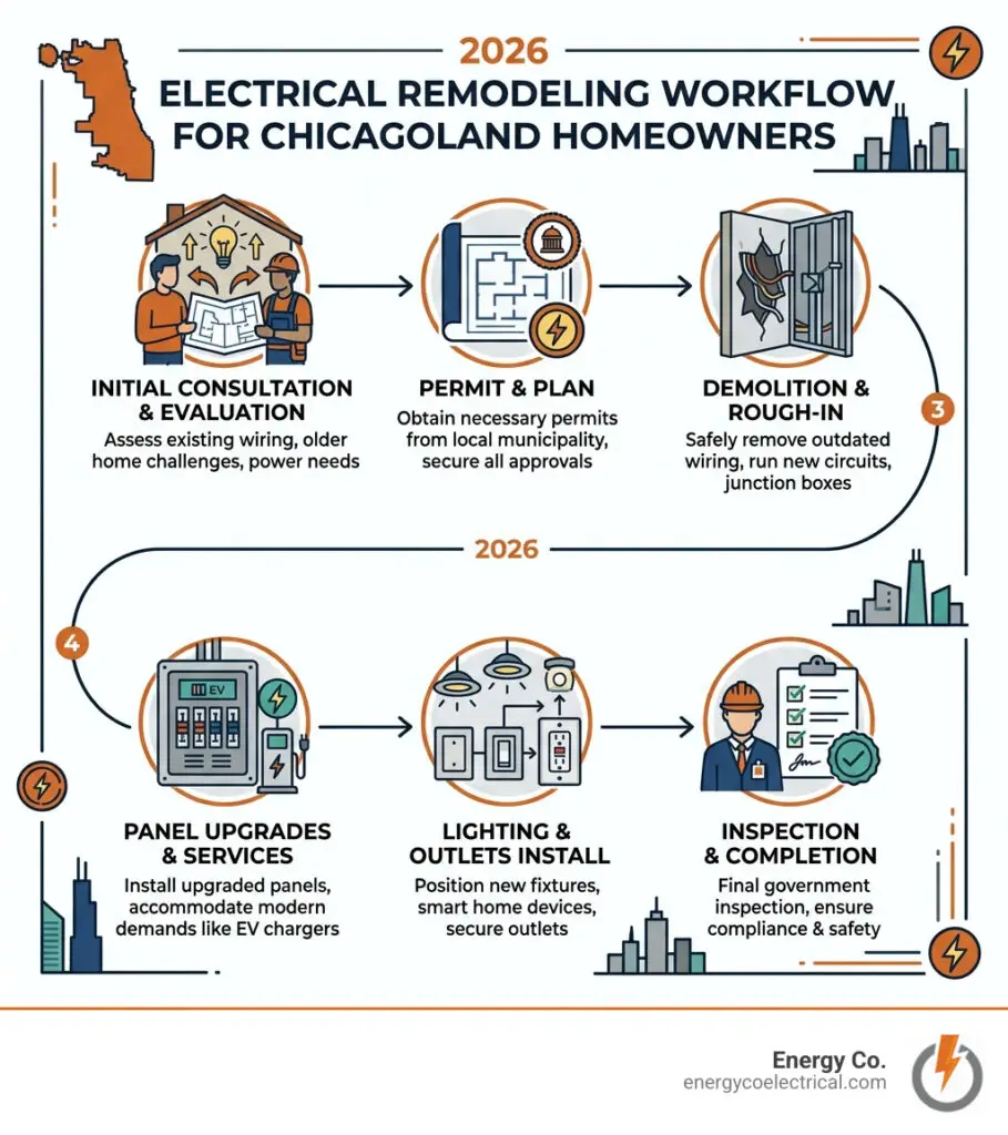 2026 electrical remodeling workflow infographic for Chicagoland homeowners - Remodel electrician Chicagoland infographic