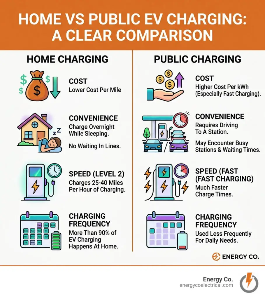Infographic comparing home vs public EV charging: cost, convenience, speed, and charging frequency - ev charger home