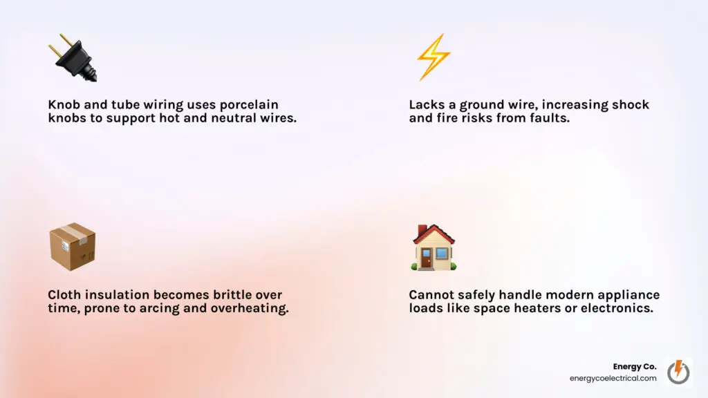 Chicago knob and tube – Infographic comparing knob and tube wiring vs modern grounded wiring: components, safety features, grounding infographic