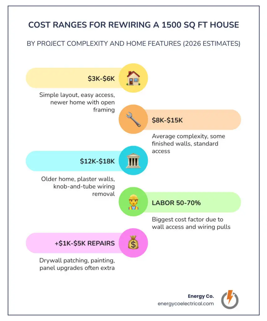 Average cost to rewire a 1500 sq ft house – Infographic showing cost ranges for rewiring a 1500 sq ft house by complexity and home age infographic
