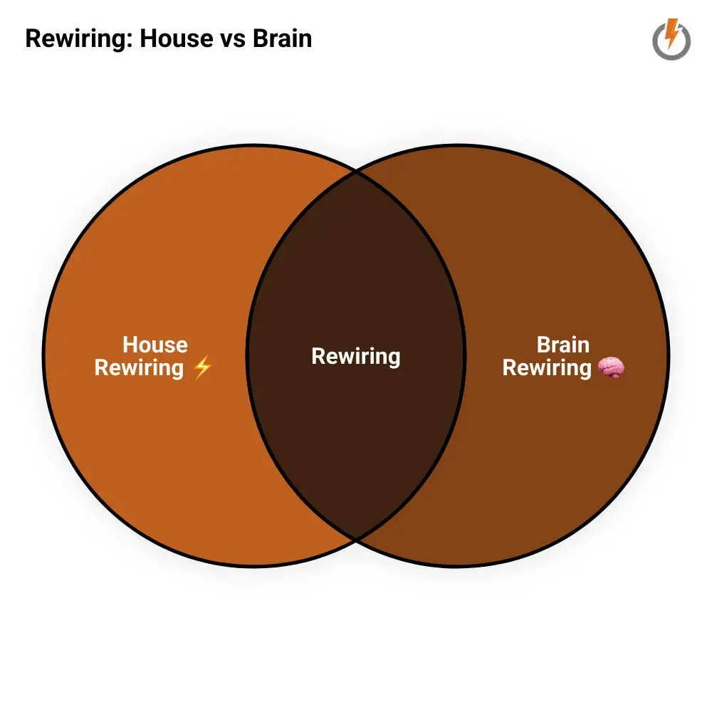 infographic showing literal electrical rewiring vs metaphorical brain rewiring side by side infographic