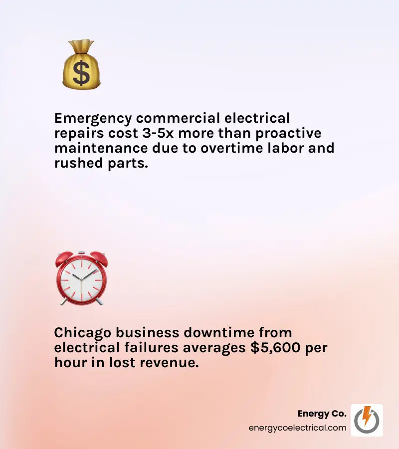 Infographic showing ROI of proactive electrical maintenance vs emergency repairs for Chicago businesses - Commercial