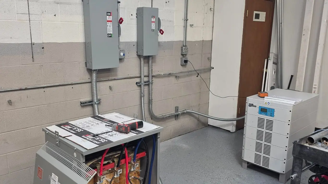 Industrial room with gray control panels on a wall, a battery unit in the foreground with tools on top, and a white electronic device with a display and papers on it near a closed wooden door—an ideal workspace for any lighting contractor Chicago relies on for precision and efficiency.