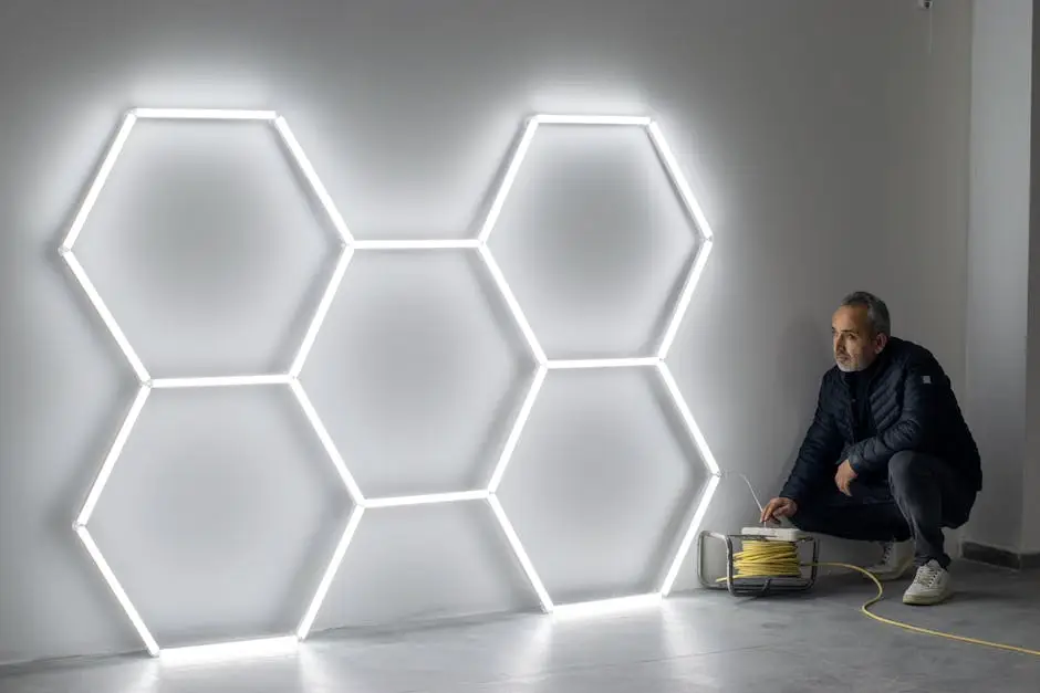 A person crouches near a wall with six hexagons made of glowing white LED tubes. The person is plugging in a yellow extension cord connected to the illuminated artwork, which showcases the innovation possible through commercial lighting retrofit in Chicago.