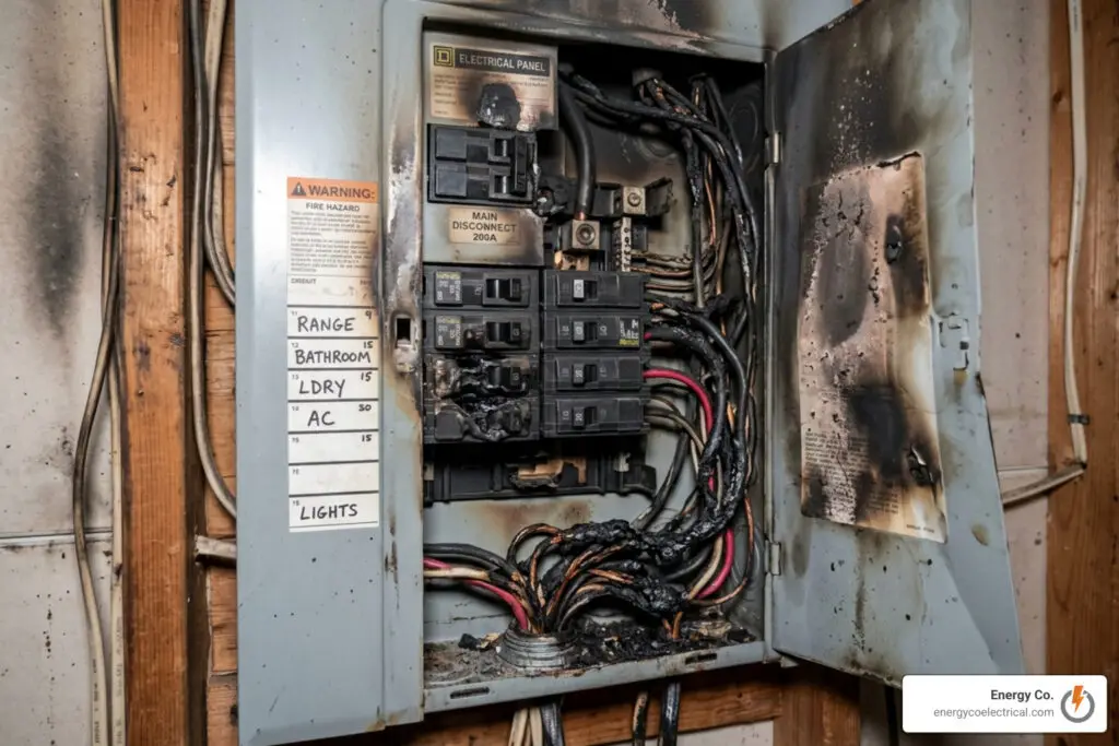 scorched electrical panel from ignored warning signs - emergency electrician