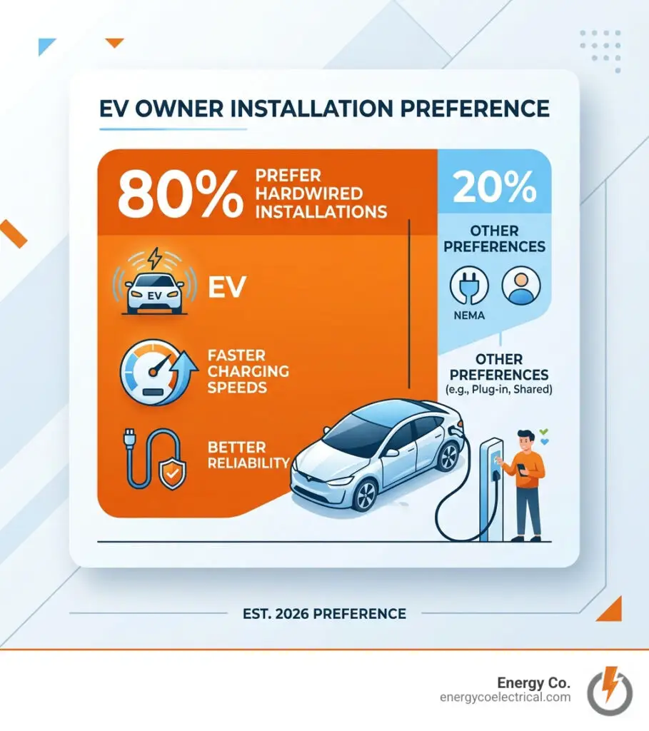 Stat showing that 80% of EV owners prefer hardwired installations for faster charging speeds and better reliability - ev