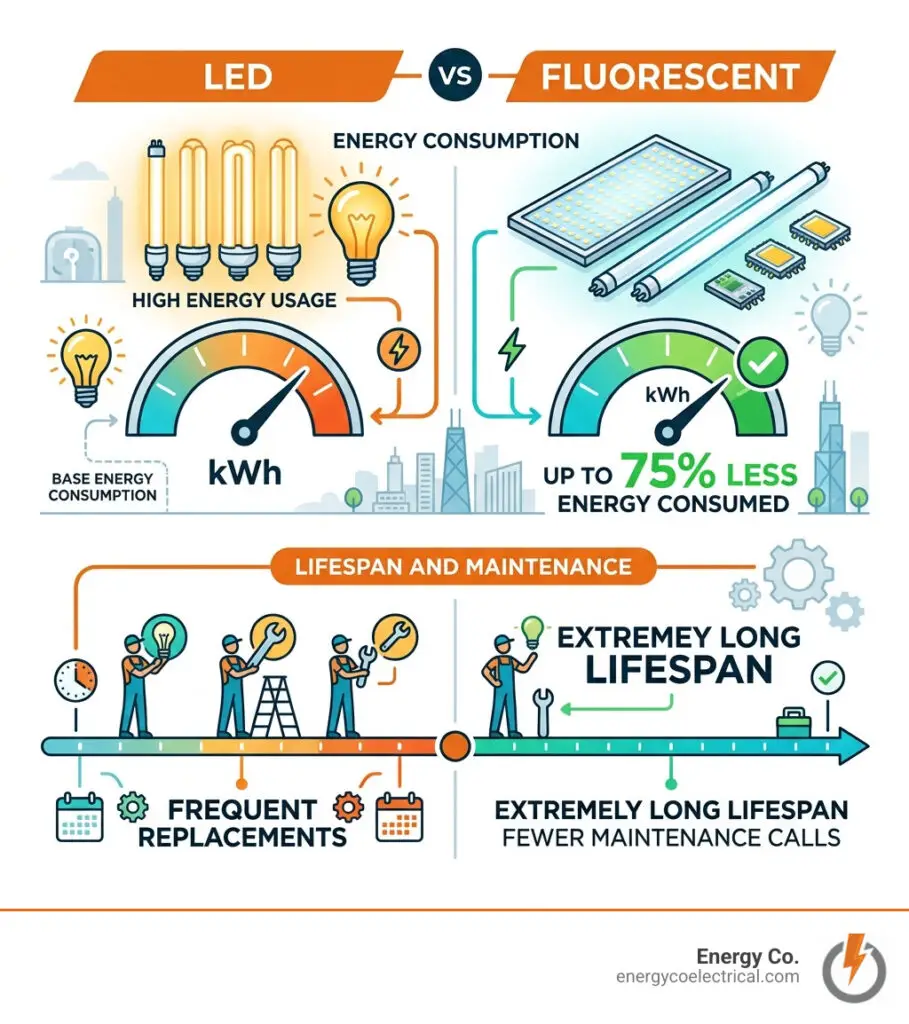 Table comparing LED vs Fluorescent energy consumption and lifespan - Commercial lighting retrofit Chicago infographic