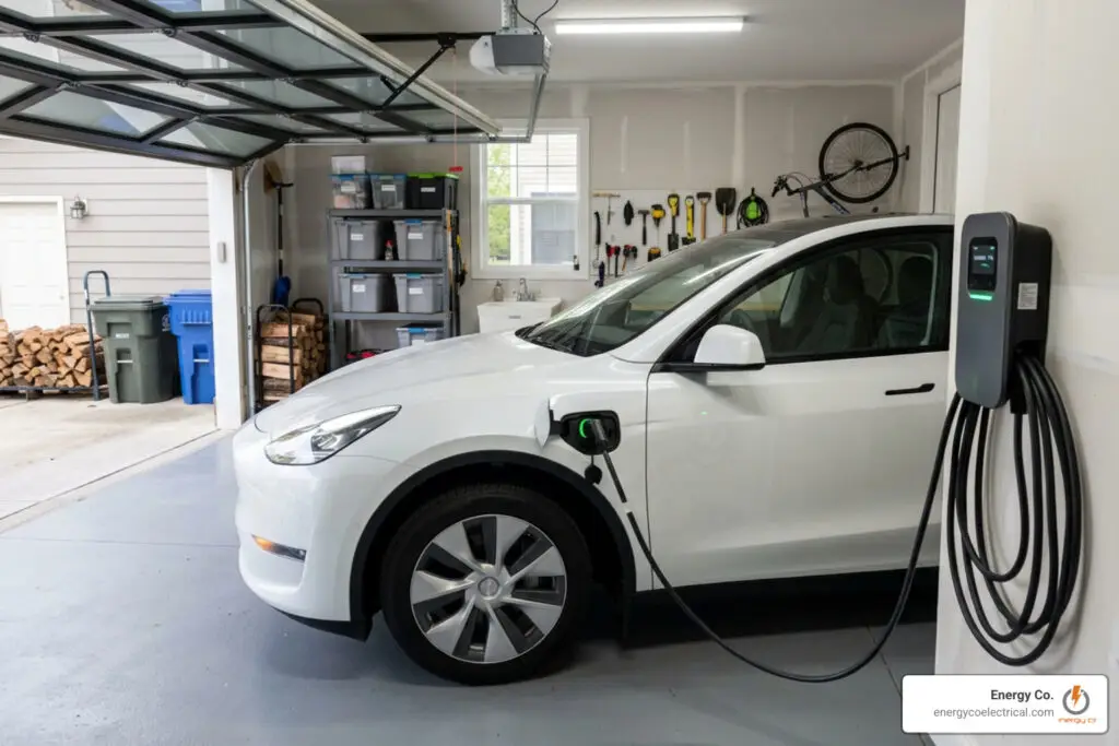 A modern electric vehicle plugged into a home wall-mounted charging station in a residential garage