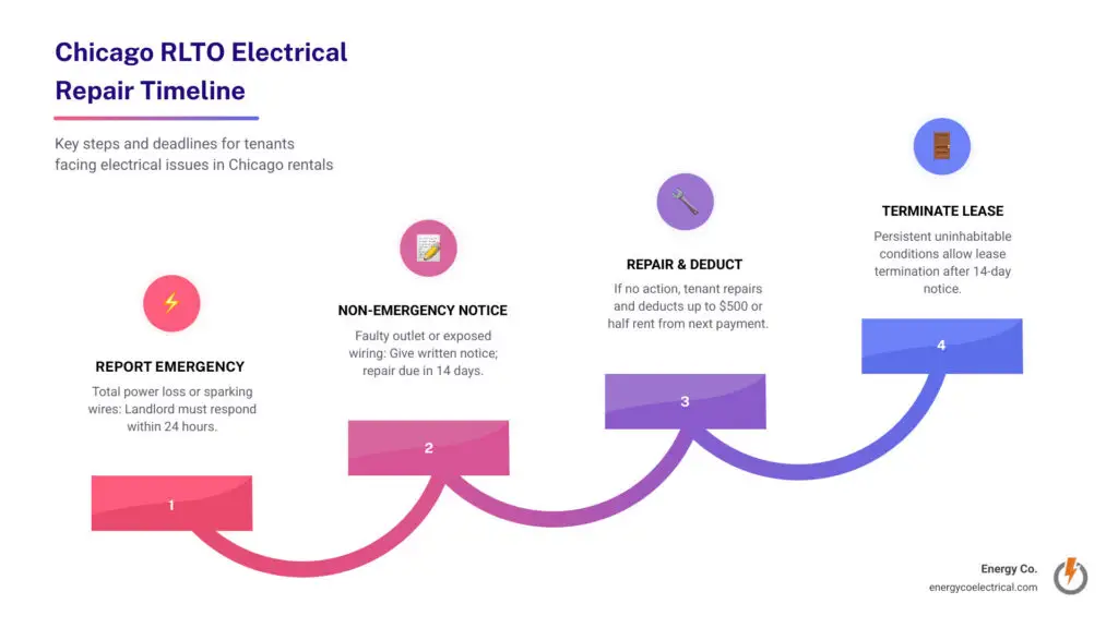 Chicago tenant repair timeline infographic showing notice periods, deadlines, and tenant remedies under the RLTO - Landlord
