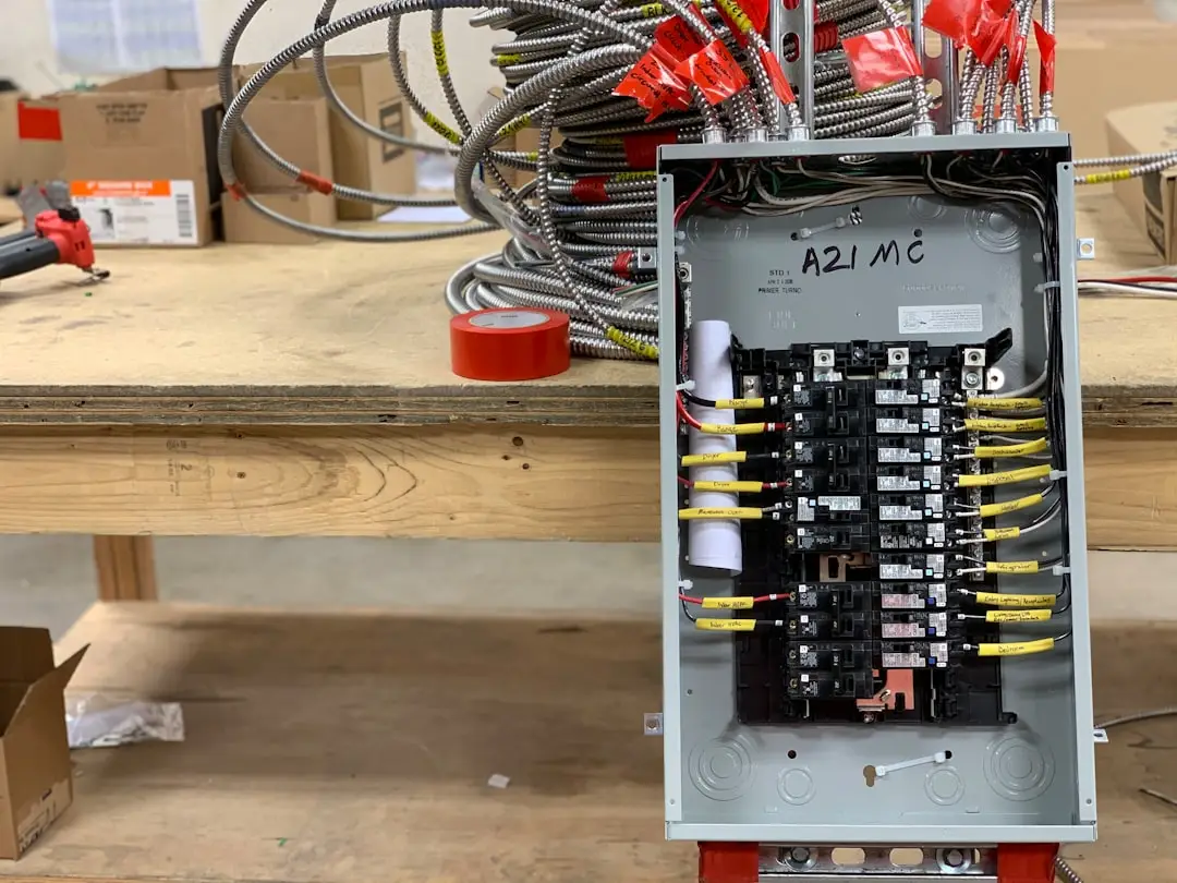 An open electrical panel with labeled wires and circuit breakers sits on a wooden workbench, offering a glimpse into the complexities often encountered during upgrades. Red tape and electrical components are scattered around in the background—a typical scene when considering a 200 amp electrical panel replacement cost.