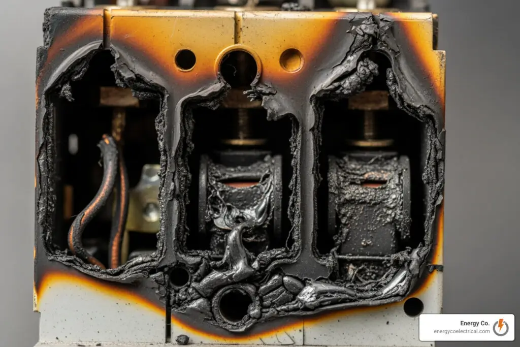 damaged circuit breaker with scorch marks