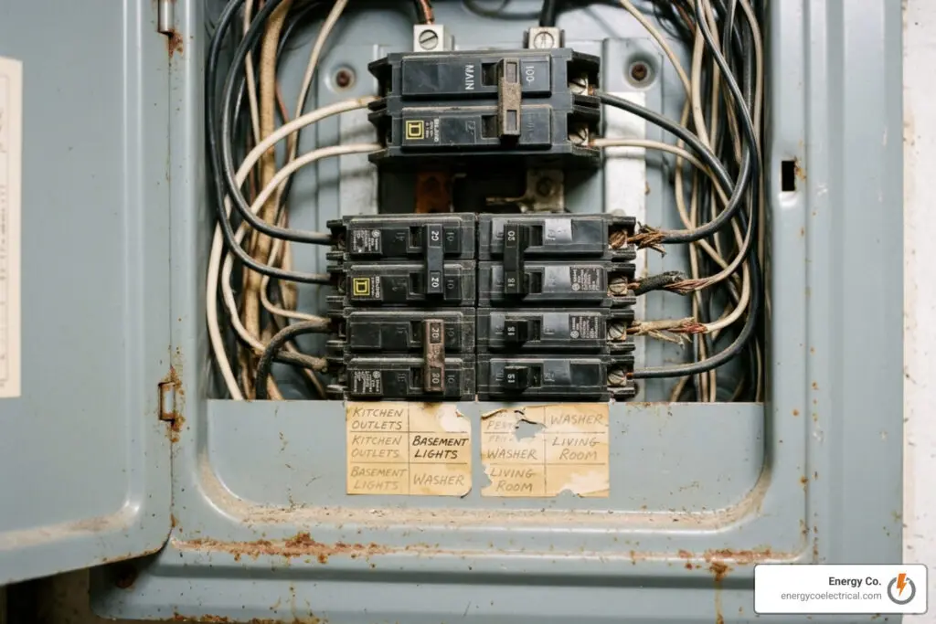 Image of a dated, crowded 100-amp electrical panel with signs of corrosion - AFCI breaker upgrade Chicago