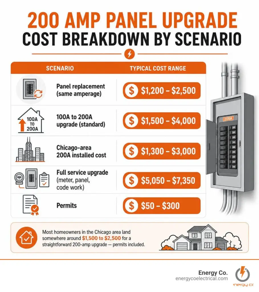 200 amp electrical panel replacement cost – Infographic showing 200 amp panel upgrade cost breakdown by scenario and cost range infographic