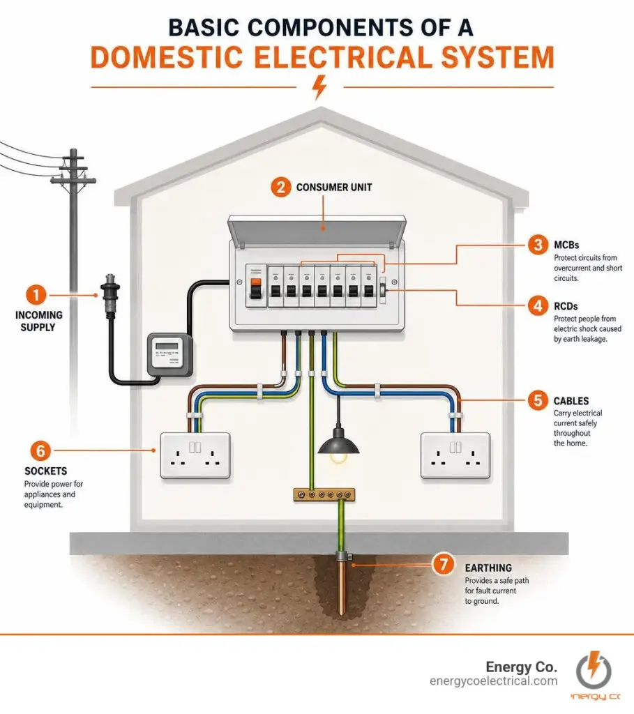 Infographic showing basic components of a domestic electrical system including incoming supply, consumer unit, MCBs, RCDs
