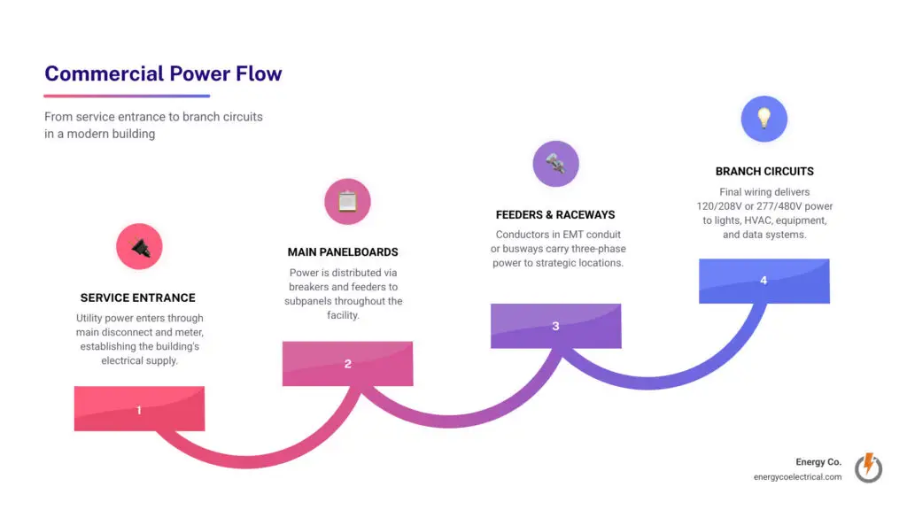 Infographic showing commercial power flow from service entrance to panelboards to branch circuits infographic