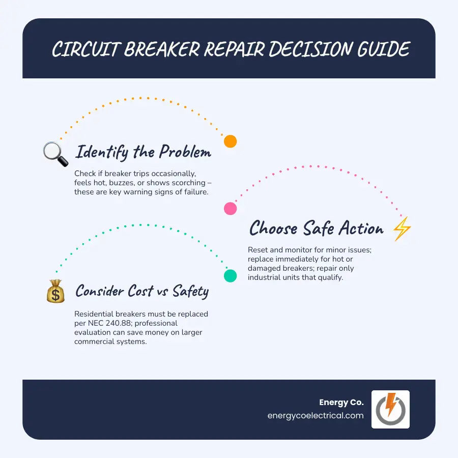 Circuit breaker repair – Infographic showing how a circuit breaker trips, warning signs, and repair vs replace decision flowchart infographic