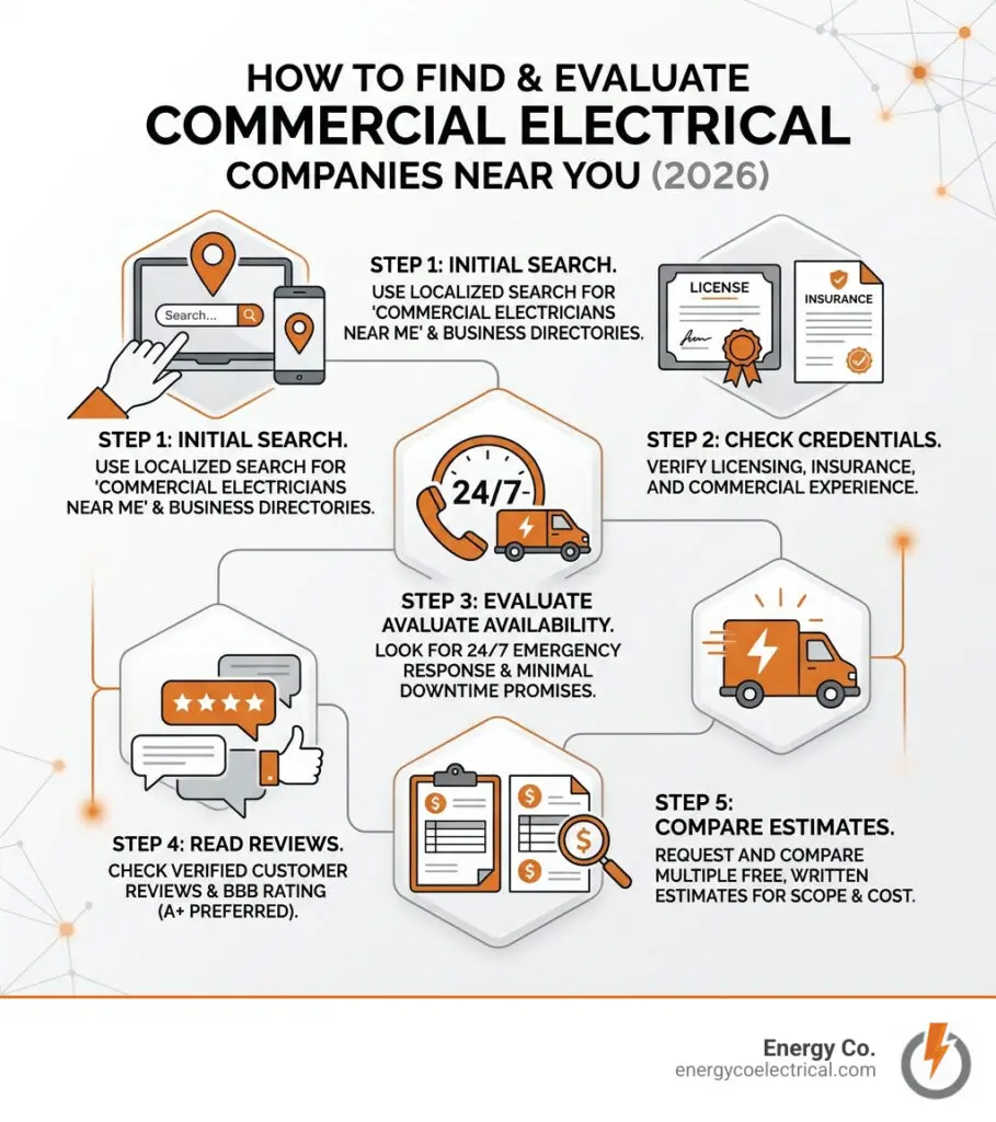 Infographic showing how to find and evaluate commercial electrical companies near me in 2026 - commercial electrical