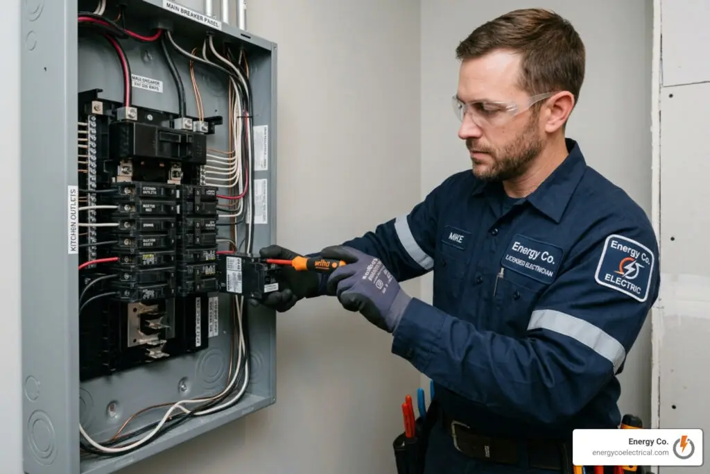 Licensed electrician from Energy Co. installing a new AFCI breaker into a clean, modern panel - AFCI breaker upgrade Chicago