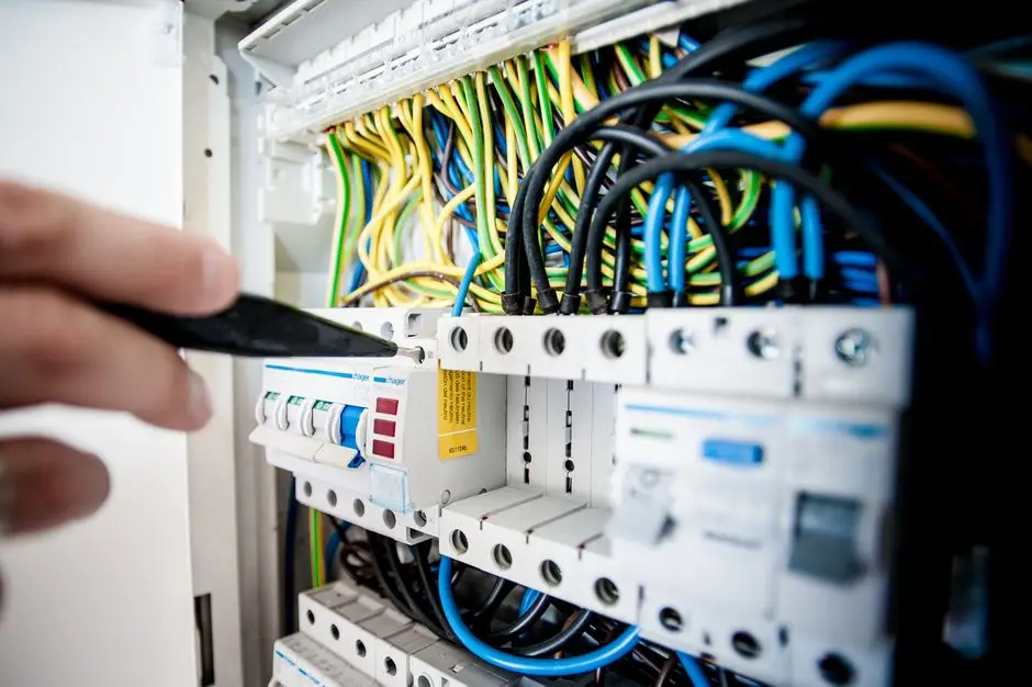 A hand uses a tool to adjust switches in an electrical panel filled with colored wires and circuit breakers, illustrating the process of an AFCI breaker upgrade in Chicago.