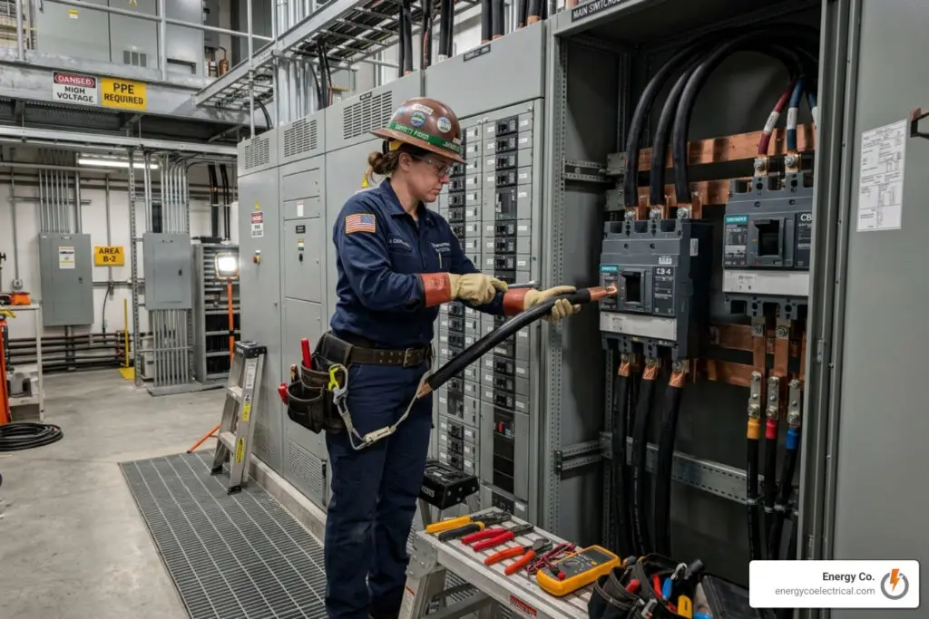 Professional electrician installing commercial switchgear and managing power distribution - commercial electric companies