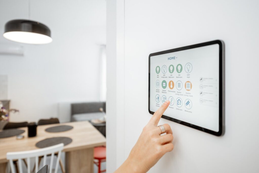 Smart home lighting controls on a wall-mounted tablet
