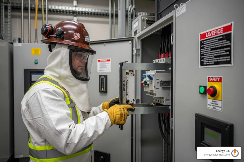 technician servicing a draw-out circuit breaker