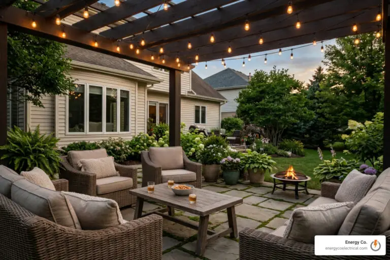 A cozy backyard patio with wicker furniture, a pergola adorned with Arlington Heights outdoor lighting and string lights, a fire pit, snacks on the table, and lush garden surroundings at sunset.