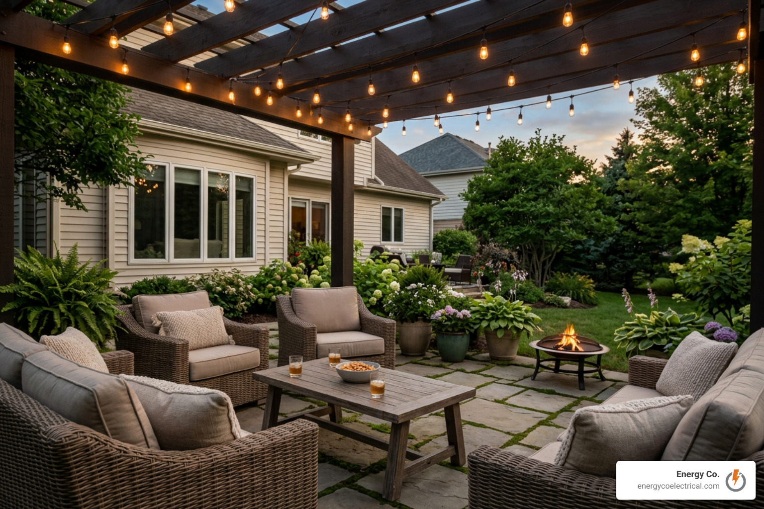 A cozy backyard patio with wicker furniture, a pergola adorned with Arlington Heights outdoor lighting and string lights, a fire pit, snacks on the table, and lush garden surroundings at sunset.