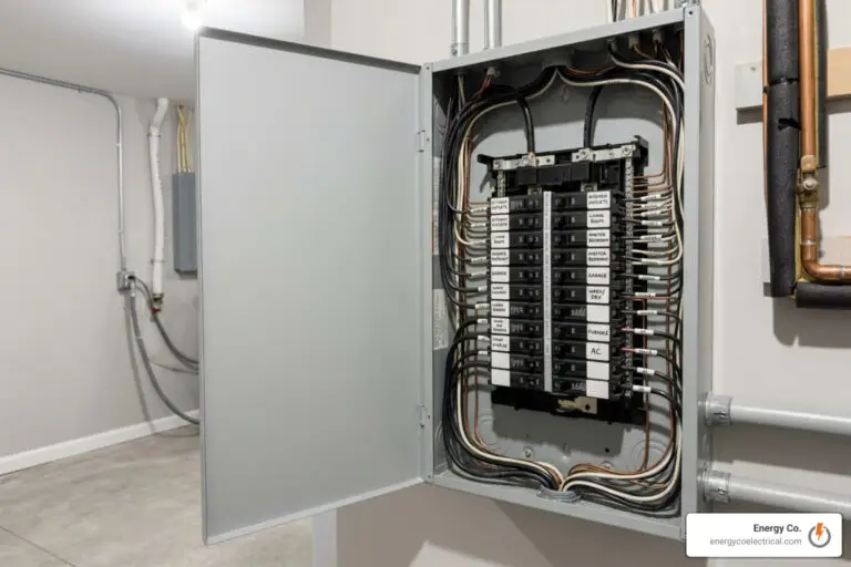 An open home electric panel with labeled circuit breakers and neatly organized wires is mounted on a wall in a clean basement. A sticker with Energy Co. and a website is displayed on the bottom right corner of the panel.