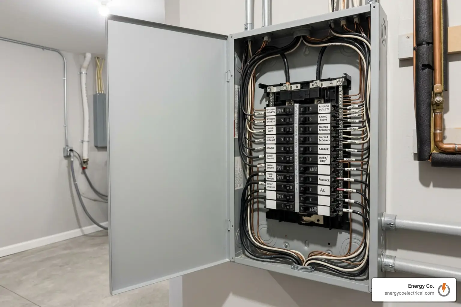 An open home electric panel with labeled circuit breakers and neatly organized wires is mounted on a wall in a clean basement. A sticker with Energy Co. and a website is displayed on the bottom right corner of the panel.