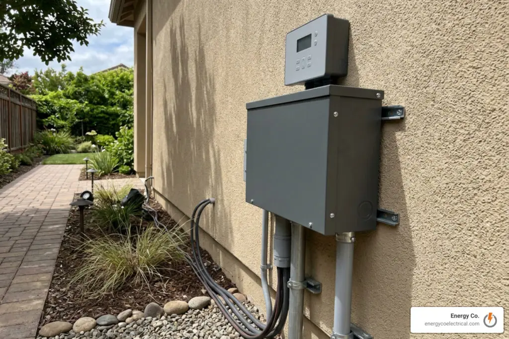 A professionally installed outdoor low-voltage transformer and smart controls