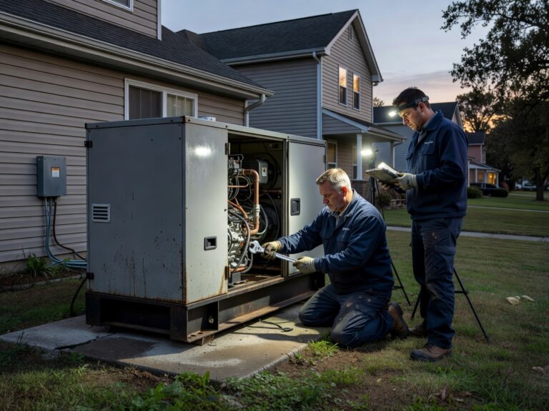 Two technicians inspect and repair a large outdoor generator beside a house at dusk. One kneels and works inside the unit while the other stands nearby, writing notes on a clipboard under a bright work light—providing expert “fix generator near me” services right at your doorstep.