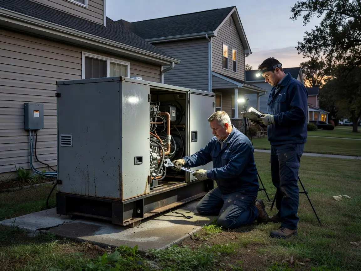 Two technicians inspect and repair a large outdoor generator beside a house at dusk. One kneels and works inside the unit while the other stands nearby, writing notes on a clipboard under a bright work light—providing expert “fix generator near me” services right at your doorstep.