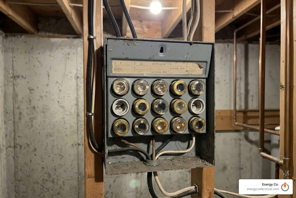 An outdated residential fuse box with screw-in glass fuses